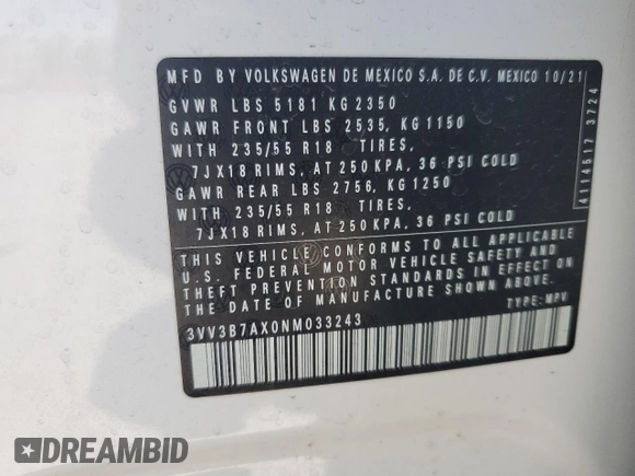 2022 Volkswagen Tiguan SE with VIN 3VV3B7AX0NM033243, listed as a Copart auction lot 59687425 with 42,841 mi miles and Salvage title. Bid and sale history available at DreamBid. Image 13.