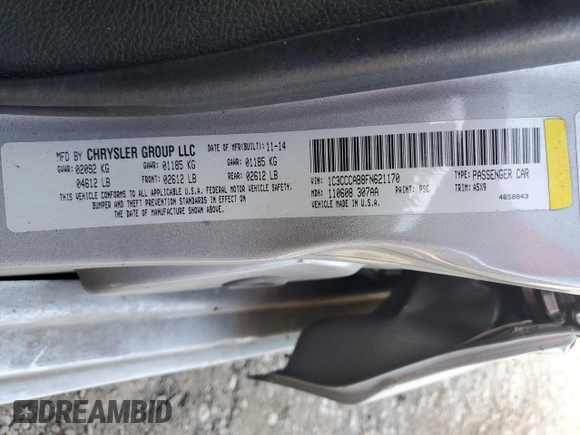 2015 Chrysler 200 Limited with VIN 1C3CCCAB8FN621170, listed as a Copart auction lot 49119375 with 124,240 mi miles and Salvage Title. Bid and sale history available at carsss.com. Image 12.