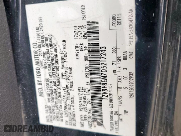 2013 Ford Mustang V6 с VIN 1ZVBP8EM7D5217243, выставлен на аукционе Copart как лот 59540935 с пробегом 204 457 миль миль и Списание • Salvage title. История ставок и продаж доступна на DreamBid. Изображение 12.