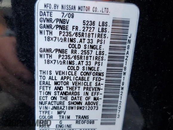 2009 Nissan Murano LE with VIN JN8AZ18W19W212073, listed as a Copart auction lot 71870004 with 135,845 mi miles and Clean Title. Bid and sale history available at carsss.com. Image 13.