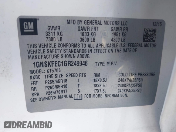 2016 Chevrolet Tahoe Commercial z VIN 1GNSKFEC1GR249946, wystawiony jako IAAI lot #42610587 z przebiegiem Nie podano mil oraz . Historia ofert i sprzedaży dostępna na DreamBid. Obrazek 9.
