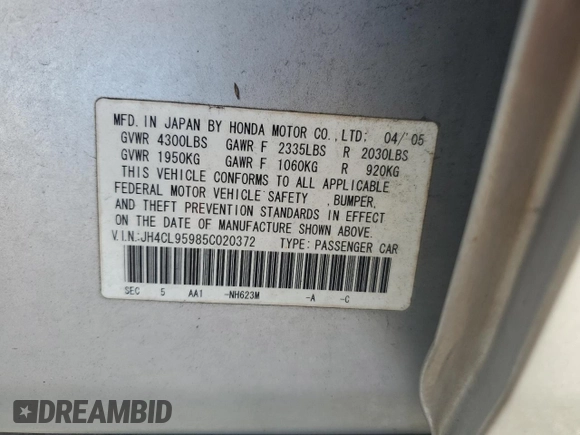 2005 Acura TSX with VIN JH4CL95985C020372, listed as a Copart auction lot 87284684 with 295,848 mi miles and Salvage Title. Bid and sale history available at DreamBid. Image 12.