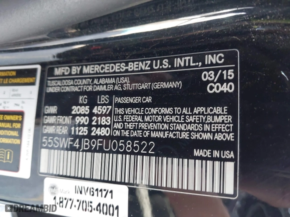 2015 Mercedes-Benz C-Class C 300 with VIN 55SWF4JB9FU058522, listed as a IAAI auction lot 41446546 with 1 mi miles. Bid and sale history available at carsss.com. Image 9.