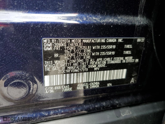 2022 Toyota RAV4 XLE Premium with VIN 2T3C1RFV5NW217919, listed as a Copart auction lot 47832115 with 21,533 mi miles and Salvage Title. Bid and sale history available at carsss.com. Image 13.