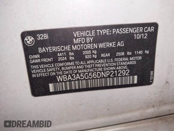 2013 BMW 3 Series 328i with VIN WBA3A5G56DNP21292, listed as a IAAI auction lot 41744463 with 1 mi miles. Bid and sale history available at carsss.com. Image 9.