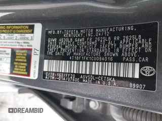 2012 Toyota Camry L with VIN 4T1BF1FK1CU094016, listed as a IAAI auction lot 41815873 with 153,631 mi miles. Bid and sale history available at carsss.com. Image 9.