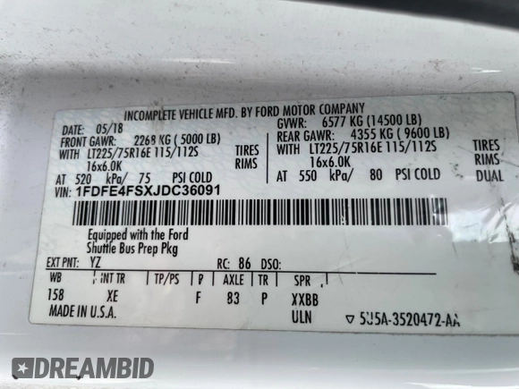 2018 Ford Econoline Cargo with VIN 1FDFE4FSXJDC36091, listed as a Copart auction lot 52462305 with 222,508 mi miles and Clean Title. Bid and sale history available at DreamBid. Image 10.