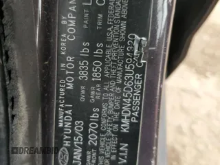 2003 Hyundai Elantra GLS z VIN KMHDN45D63U594320, wystawiony jako Copart lot #58742565 z przebiegiem 163 772 mil mil oraz Szkoda całkowita • Salvage title. Historia ofert i sprzedaży dostępna na DreamBid. Obrazek 12.