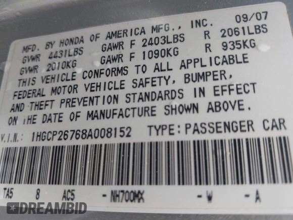 2008 Honda Accord EX with VIN 1HGCP26768A008152, listed as a IAAI auction lot 41995251 with 87,929 mi miles and . Bid and sale history available at DreamBid. Image 9.
