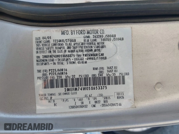 2005 Mercury Grand Marquis GS with VIN 2MEFM74W05X653375, listed as a IAAI auction lot 41995502 with 200,083 mi miles and . Bid and sale history available at DreamBid. Image 9.