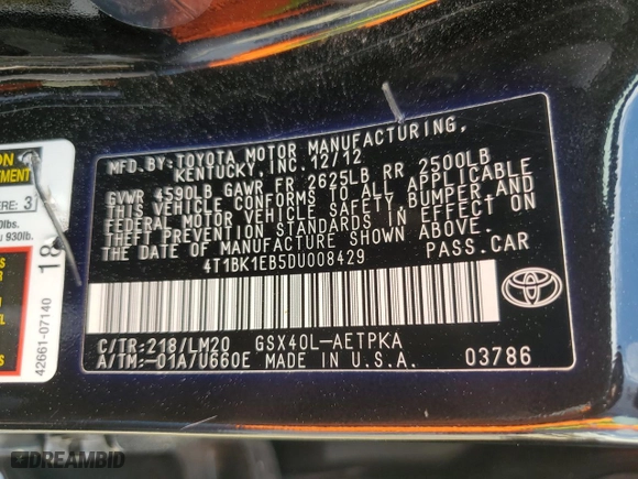 2013 Toyota Avalon XLE with VIN 4T1BK1EB5DU008429, listed as a Copart auction lot 47144805 with 179,618 mi miles and Salvage Title. Bid and sale history available at carsss.com. Image 12.
