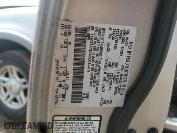 2002 Ford Explorer XLS with VIN 1FMZU72K42ZC64481, listed as a Copart auction lot 58386755 with Not provided miles and Salvage title. Bid and sale history available at DreamBid. Image 12.