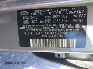 2017 Hyundai Accent SE with VIN KMHCT4AE3HU373698, listed as a IAAI auction lot 41817336 with 1 mi miles. Bid and sale history available at carsss.com. Image 9.