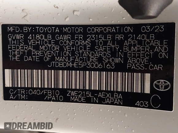 2023 Toyota Corolla Hybrid LE with VIN JTDBDMHE5P3006163, listed as a IAAI auction lot 40860436 with 60,137 mi miles. Bid and sale history available at carsss.com. Image 9.
