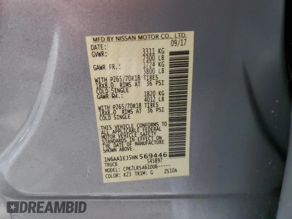 2017 Nissan Titan S with VIN 1N6AA1EJ5HN569446, listed as a Copart auction lot 85218284 with 84,771 mi miles and Salvage Title. Bid and sale history available at carsss.com. Image 15.
