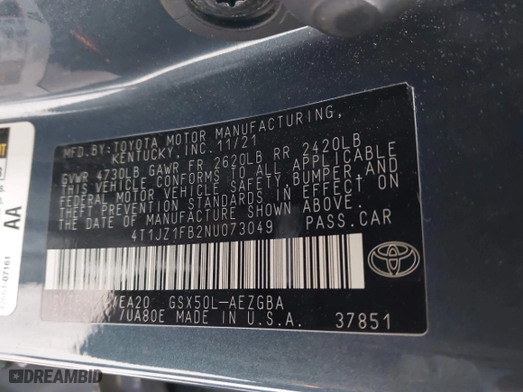 2022 Toyota Avalon XLE with VIN 4T1JZ1FB2NU073049, listed as a IAAI auction lot 41506550 with 52,073 mi miles. Bid and sale history available at carsss.com. Image 9.