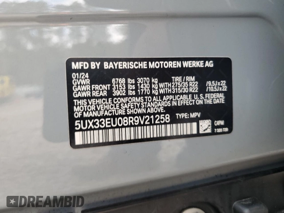 2024 BMW X5 M60i with VIN 5UX33EU08R9V21258, listed as a Copart auction lot 43411295 with 8,755 mi miles and Salvage Title. Bid and sale history available at carsss.com. Image 14.