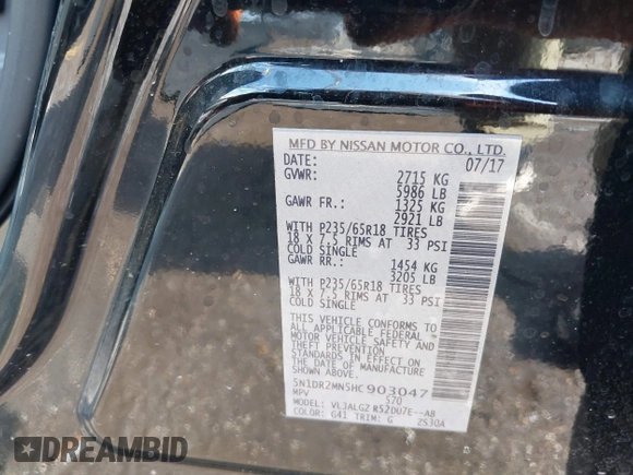 2017 Nissan Pathfinder S z VIN 5N1DR2MN5HC903047, wystawiony jako IAAI lot #42231749 z przebiegiem 115 251 mil mil oraz . Historia ofert i sprzedaży dostępna na DreamBid. Obrazek 9.