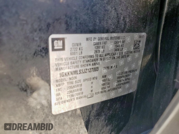 2018 GMC Acadia SLT with VIN 1GKKNMLS3JZ127003, listed as a Copart auction lot 61170665 with 167,293 mi miles and Salvage title. Bid and sale history available at DreamBid. Image 14.