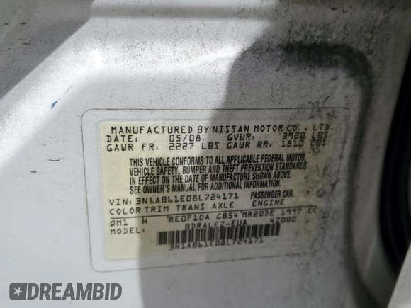 2008 Nissan Sentra S with VIN 3N1AB61E08L724171, listed as a Copart auction lot 54518515 with 166,729 mi miles and Clean Title. Bid and sale history available at DreamBid. Image 12.