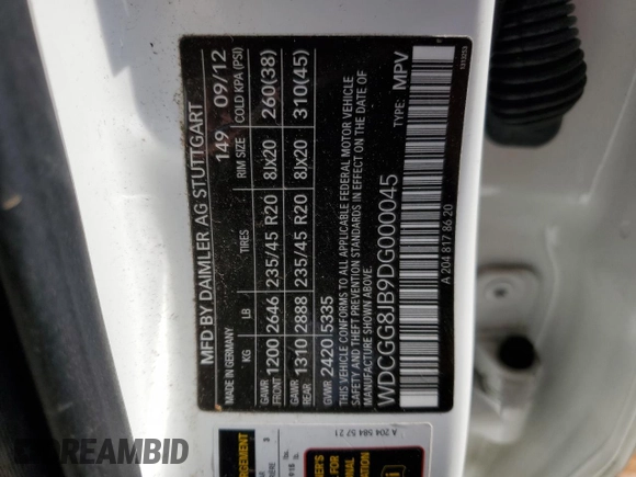 2013 Mercedes-Benz GLK 350 with VIN WDCGG8JB9DG000045, listed as a Copart auction lot 43123455 with 216,746 mi miles and Salvage Title. Bid and sale history available at DreamBid. Image 12.