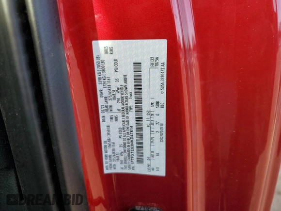 2022 Ford F-150 XL z VIN 1FTFX1E83NKD47814, wystawiony jako Copart lot #80061424 z przebiegiem 58 317 mil mil oraz Szkoda całkowita • Salvage title. Historia ofert i sprzedaży dostępna na DreamBid. Obrazek 12.