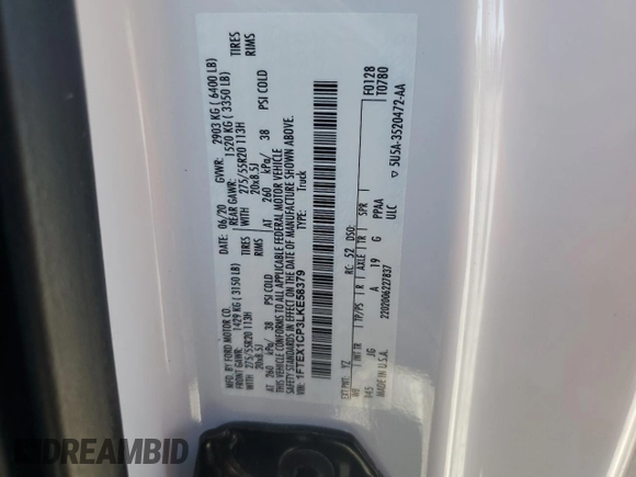 2020 Ford F-150 XL with VIN 1FTEX1CP3LKE58379, listed as a Copart auction lot 43537855 with 78,490 mi miles and Salvage Title. Bid and sale history available at DreamBid. Image 12.