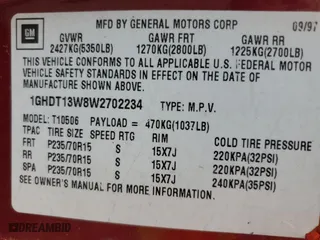 1998 Oldsmobile Bravada with VIN 1GHDT13W8W2702234, listed as a Copart auction lot 61893974 with 164,761 mi miles and Salvage Title. Bid and sale history available at carsss.com. Image 12.