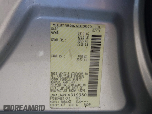 2015 Nissan Altima 2.5 S with VIN 1N4AL3AP4FN319380, listed as a IAAI auction lot 41477898 with 107,777 mi miles. Bid and sale history available at carsss.com. Image 9.