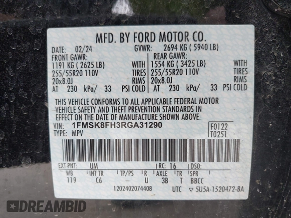2024 Ford Explorer Limited with VIN 1FMSK8FH3RGA31290, listed as a IAAI auction lot 41951463 with 24,047 mi miles. Bid and sale history available at carsss.com. Image 9.