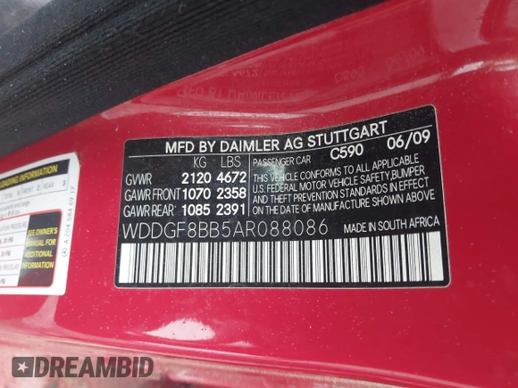 2010 Mercedes-Benz C 300 Sport with VIN WDDGF8BB5AR088086, listed as a IAAI auction lot 41982638 with 176,526 mi miles and . Bid and sale history available at carsss.com. Image 9.