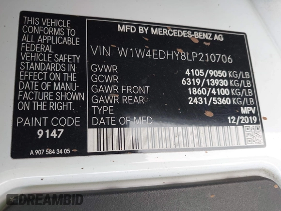 2020 Mercedes-Benz Sprinter Cargo Cargo with VIN W1W4EDHY8LP210706, listed as a IAAI auction lot 41448502 with 593,244 mi miles and . Bid and sale history available at DreamBid. Image 9.