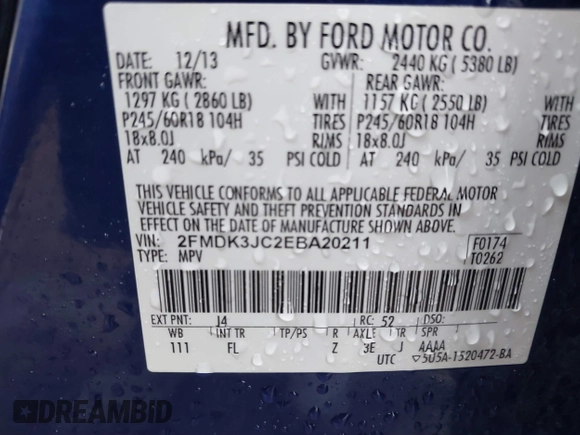 2014 Ford Edge SEL with VIN 2FMDK3JC2EBA20211, listed as a IAAI auction lot 41875254 with 195,046 mi miles. Bid and sale history available at carsss.com. Image 9.