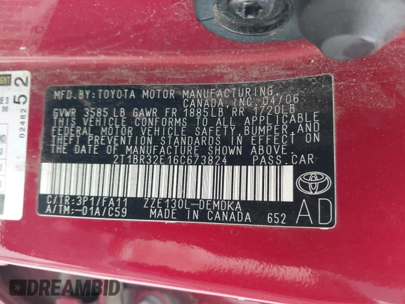 2006 Toyota Corolla CE with VIN 2T1BR32E16C673824, listed as a IAAI auction lot 42033516 with 192,992 mi miles and . Bid and sale history available at DreamBid. Image 9.