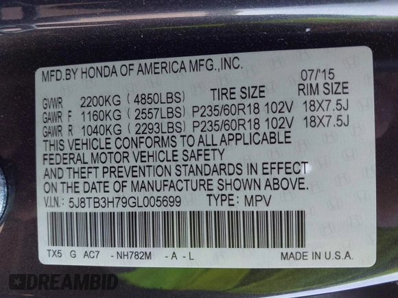 2016 Acura RDX Advance Pkg with VIN 5J8TB3H79GL005699, listed as a IAAI auction lot 42000020 with 177,812 mi miles. Bid and sale history available at carsss.com. Image 9.