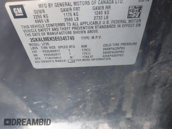 2014 GMC Terrain SLE with VIN 2GKALMEK5E6345749, listed as a IAAI auction lot 42215833 with 182,782 mi miles and . Bid and sale history available at DreamBid. Image 9.