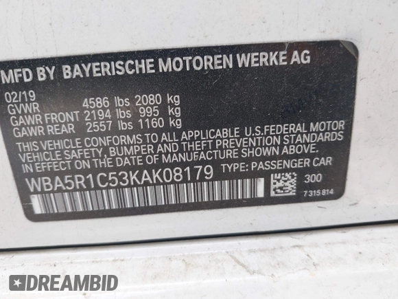 2019 BMW 3 Series 330i with VIN WBA5R1C53KAK08179, listed as a IAAI auction lot 42010397 with 71,975 mi miles and . Bid and sale history available at DreamBid. Image 9.