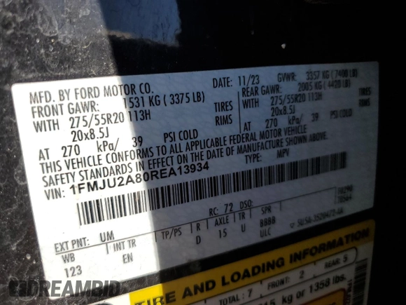 2024 Ford Expedition Limited с VIN 1FMJU2A80REA13934, выставлен на аукционе Copart как лот 60162825 с пробегом 42 720 миль миль и Чистый • Clean title. История ставок и продаж доступна на DreamBid. Изображение 14.