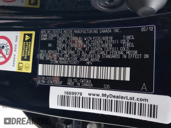 2013 Lexus RX 350 with VIN 2T2BK1BA9DC155877, listed as a IAAI auction lot 42776247 with 120,375 mi miles and . Bid and sale history available at DreamBid. Image 9.