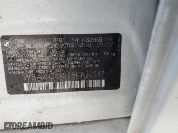 2008 BMW 3 Series 328xi с VIN WBAVC73538KP37347, выставлен на аукционе Copart как лот 42457925 с пробегом Не указан миль и Списание • Salvage title. История ставок и продаж доступна на DreamBid. Изображение 13.