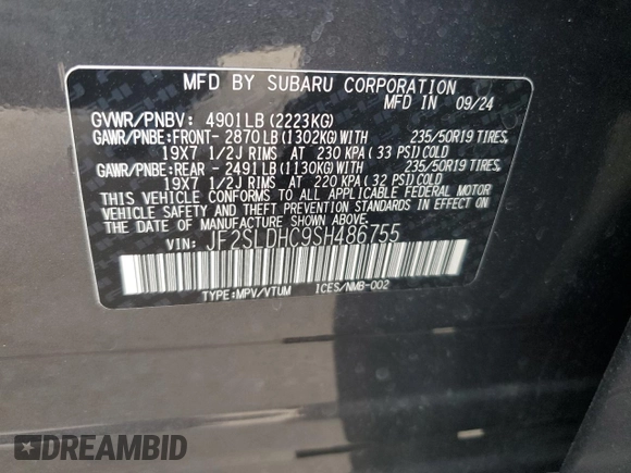 2025 Subaru Forester Special Sports z VIN JF2SLDHC9SH486755, wystawiony jako Copart lot #55978925 z przebiegiem 1 849 mil mil oraz Szkoda całkowita • Salvage title. Historia ofert i sprzedaży dostępna na DreamBid. Obrazek 14.