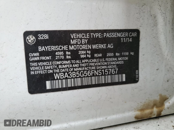 2015 BMW 3 Series 328i xDrive with VIN WBA3B5G56FNS15767, listed as a Copart auction lot 48920595 with 167,825 mi miles and Salvage Title. Bid and sale history available at carsss.com. Image 12.