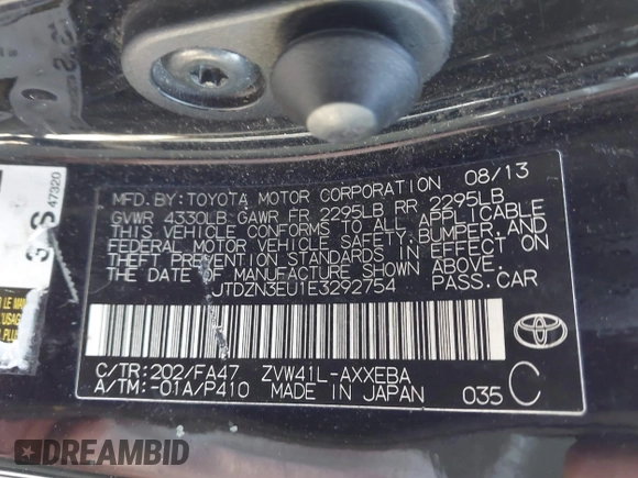 2014 Toyota Prius Two with VIN JTDZN3EU1E3292754, listed as a IAAI auction lot 41811016 with 385,477 mi miles and . Bid and sale history available at DreamBid. Image 9.