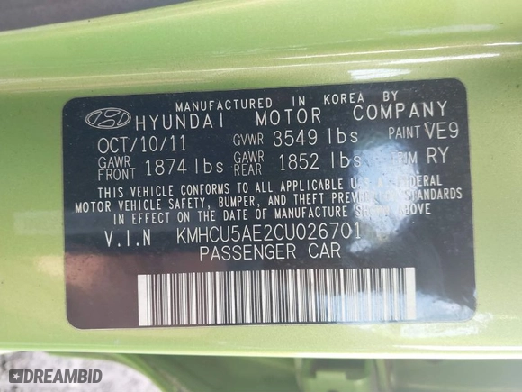 2012 Hyundai Accent SE with VIN KMHCU5AE2CU026701, listed as a IAAI auction lot 41303728 with 66,855 mi miles. Bid and sale history available at carsss.com. Image 9.