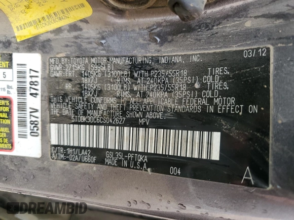 2012 Toyota Sienna XLE with VIN 5TDDK3DC6CS042627, listed as a Copart auction lot 66287715 with 161,548 mi miles and Clean title. Bid and sale history available at DreamBid. Image 13.