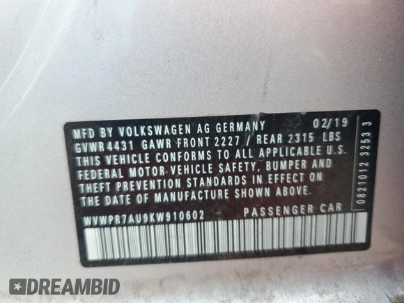 2019 Volkswagen Golf SEL Premium с VIN WVWPR7AU9KW910602, выставлен на аукционе Copart как лот 49092265 с пробегом 73 897 миль миль и Списание • Salvage title. История ставок и продаж доступна на DreamBid. Изображение 12.