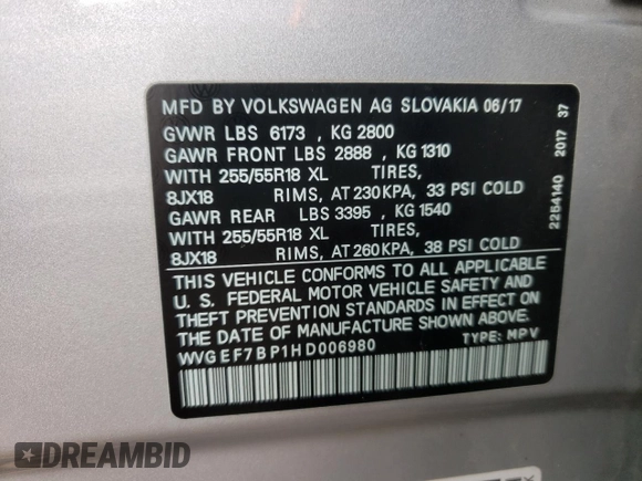 2017 Volkswagen Touareg Sport with VIN WVGEF7BP1HD006980, listed as a Copart auction lot 37464813 with Not Provided miles and . Bid and sale history available at DreamBid. Image 14.
