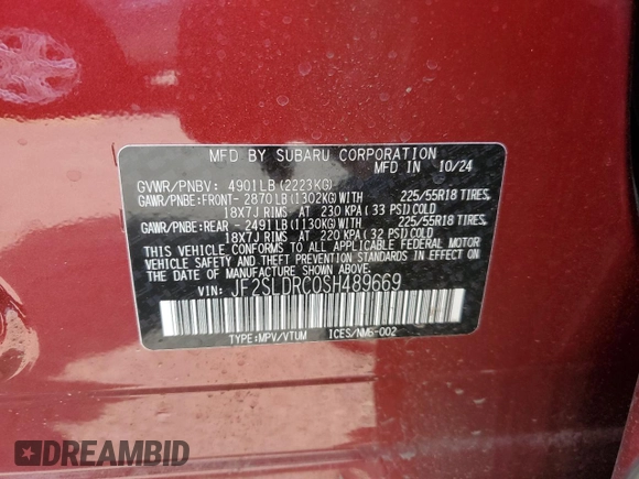 2025 Subaru Forester Limited z VIN JF2SLDRC0SH489669, wystawiony jako Copart lot #55122905 z przebiegiem 5 475 mil mil oraz Szkoda całkowita • Salvage title. Historia ofert i sprzedaży dostępna na DreamBid. Obrazek 13.