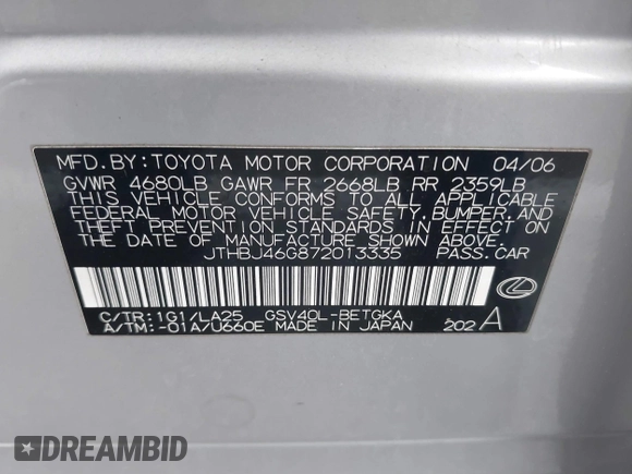 2007 Lexus ES 330 with VIN JTHBJ46G872013335, listed as a IAAI auction lot 41772939 with 170,942 mi miles and . Bid and sale history available at DreamBid. Image 9.