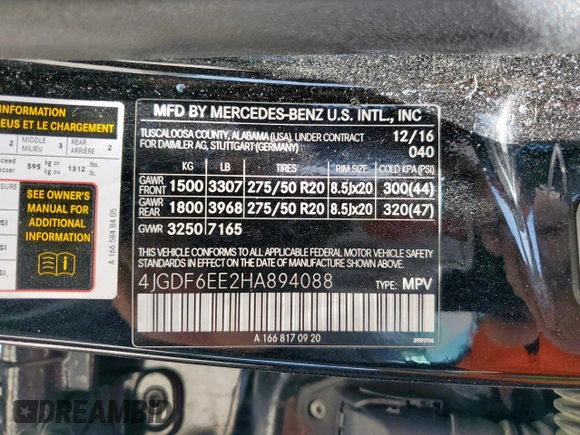 2017 Mercedes-Benz GLS 450 with VIN 4JGDF6EE2HA894088, listed as a Copart auction lot 57119545 with 106,212 mi miles and Salvage title. Bid and sale history available at DreamBid. Image 13.